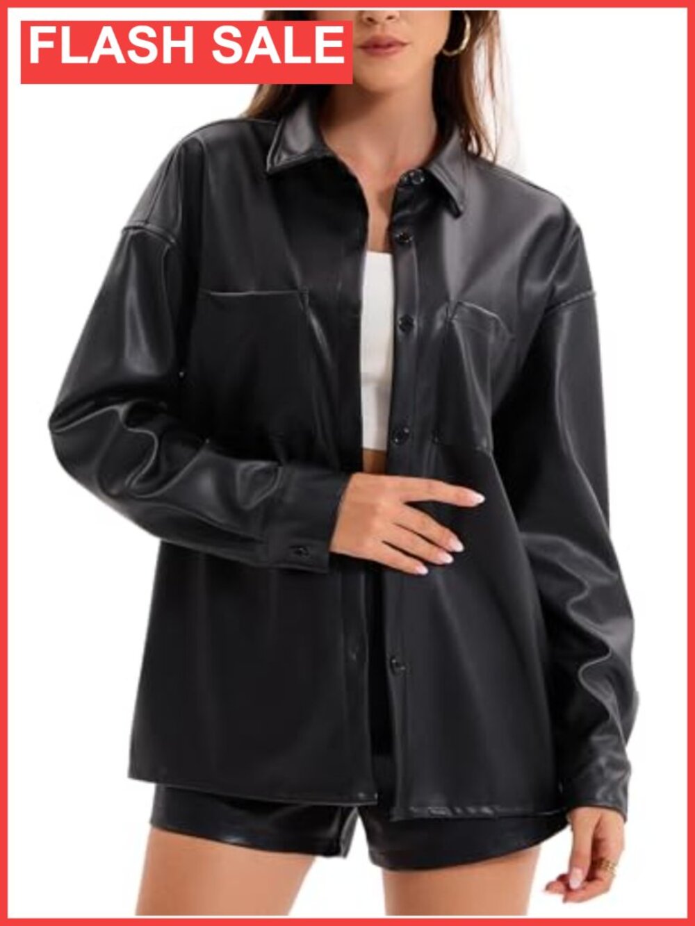 Faux Leather Button Up Shirt Jacket Pleather Blouse Shacket Long Sleeve